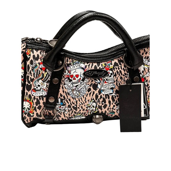 Ed Hardy Handbags - Ed Hardy Leopard Tattoo Print Rhinestone Satchel Bag NWT Skull Bling Y2K Small